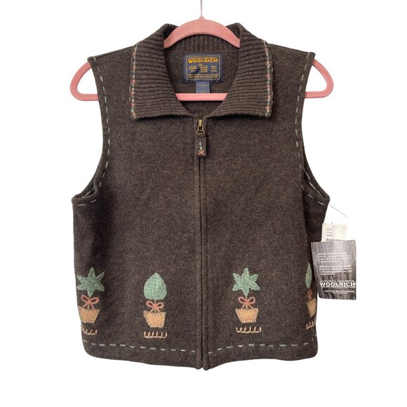 Vintage 90s Woolrich Vintage Sweater Vest Small Embroidered Potted Plants NEW - Picture 1 of 6